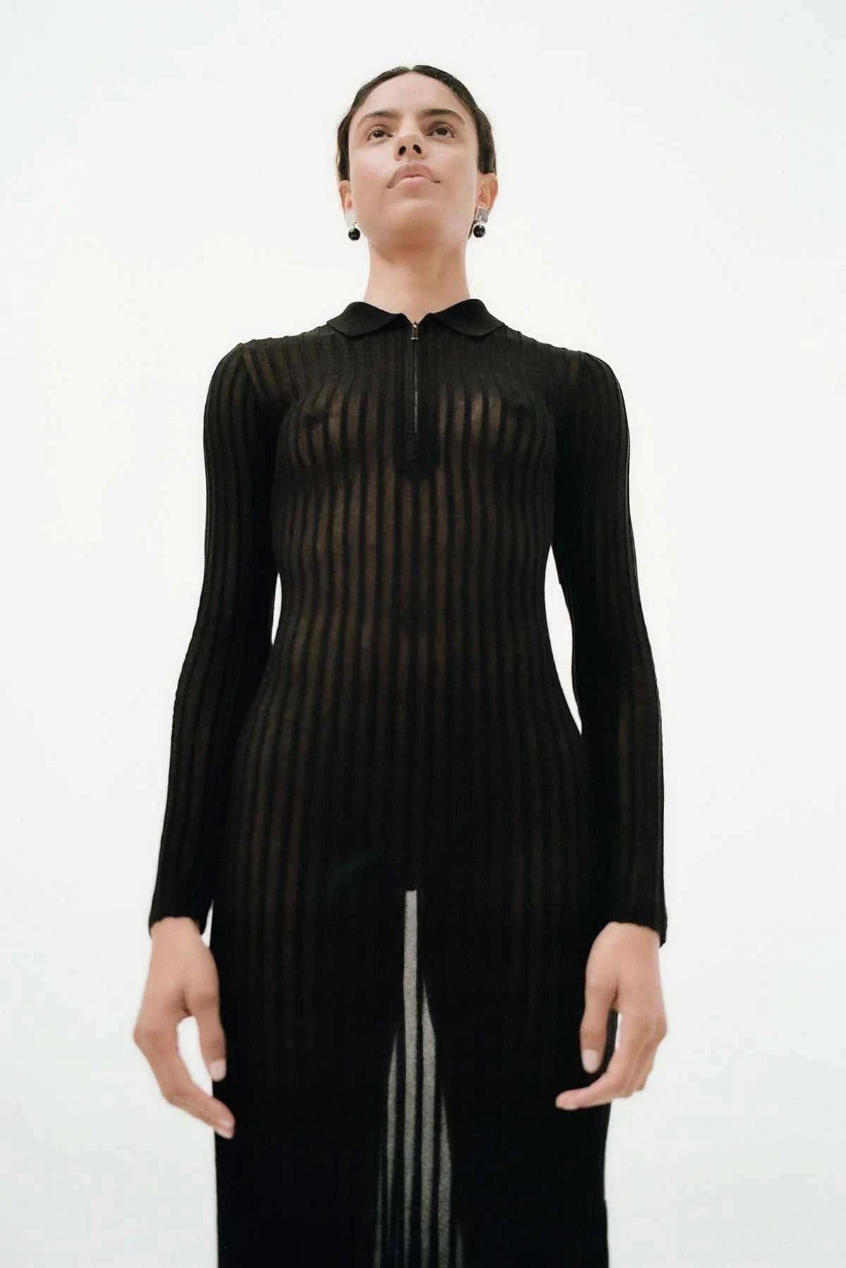 St Agni Sheer Stripe Dress Black