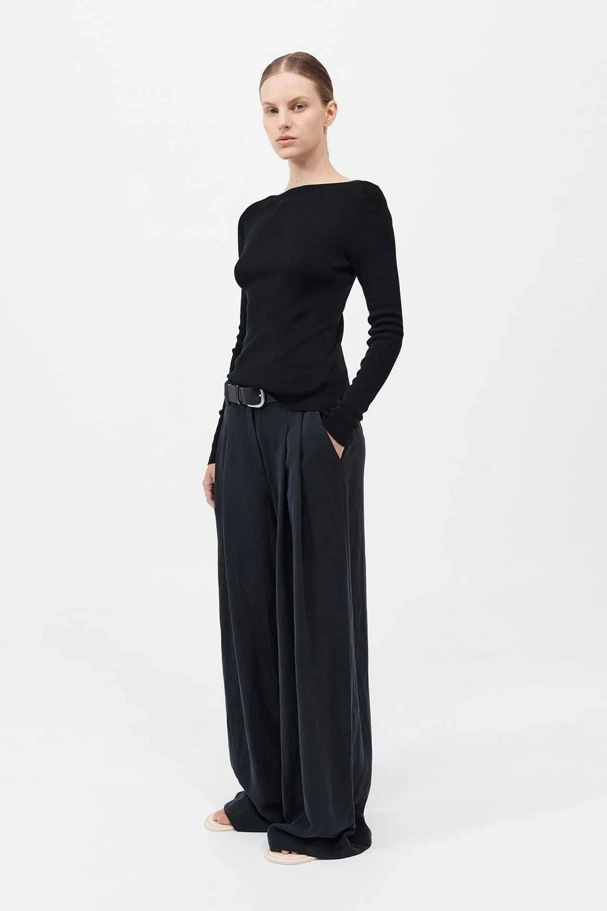 St Agni Wide Leg Pleat Pants Black