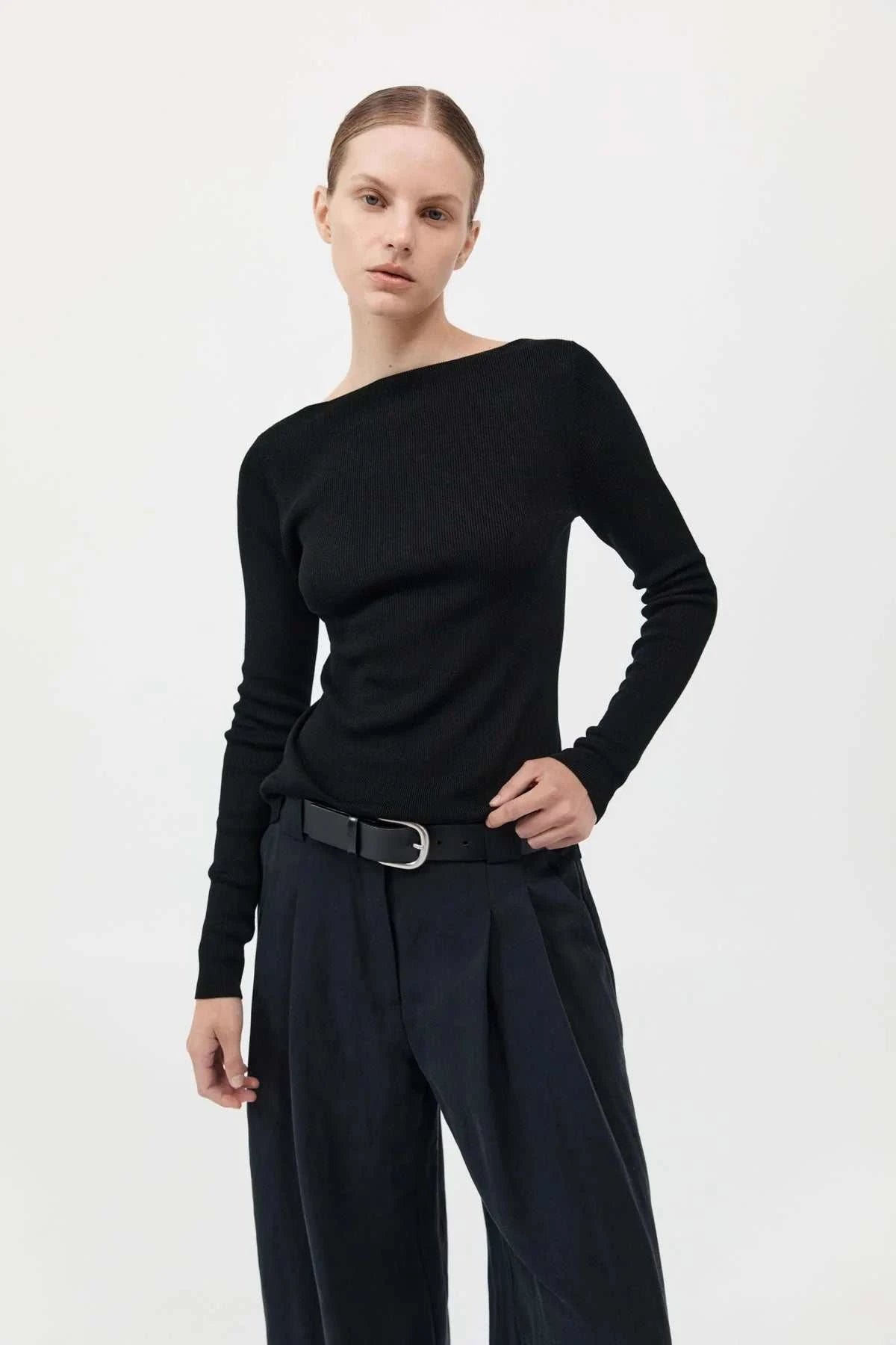 St Agni Wide Leg Pleat Pants Black