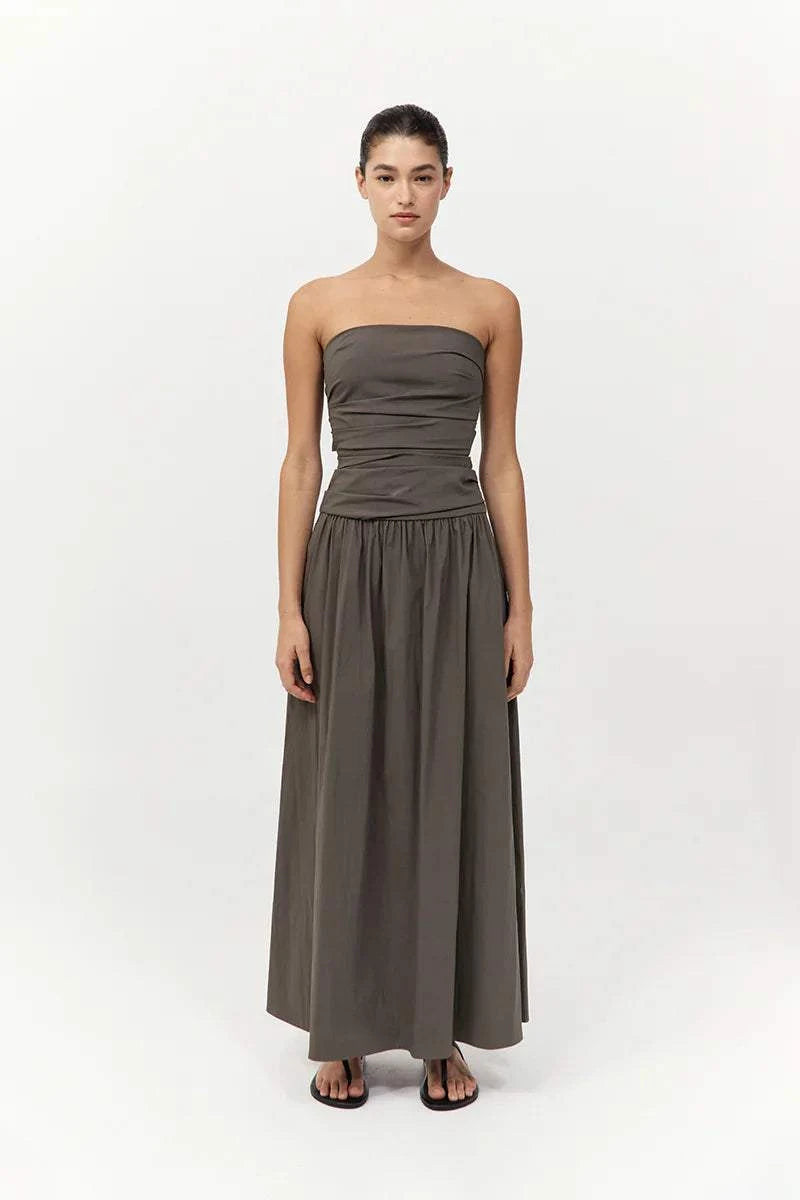 St Agni Gathered Strapless Tie Back Dress Khaki