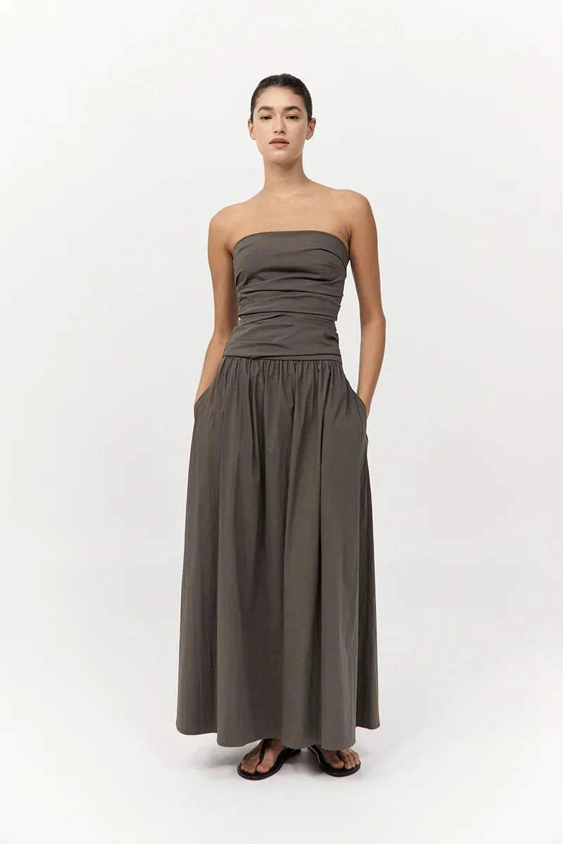 St Agni Gathered Strapless Tie Back Dress Khaki