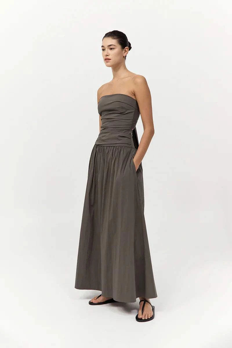 St Agni Gathered Strapless Tie Back Dress Khaki