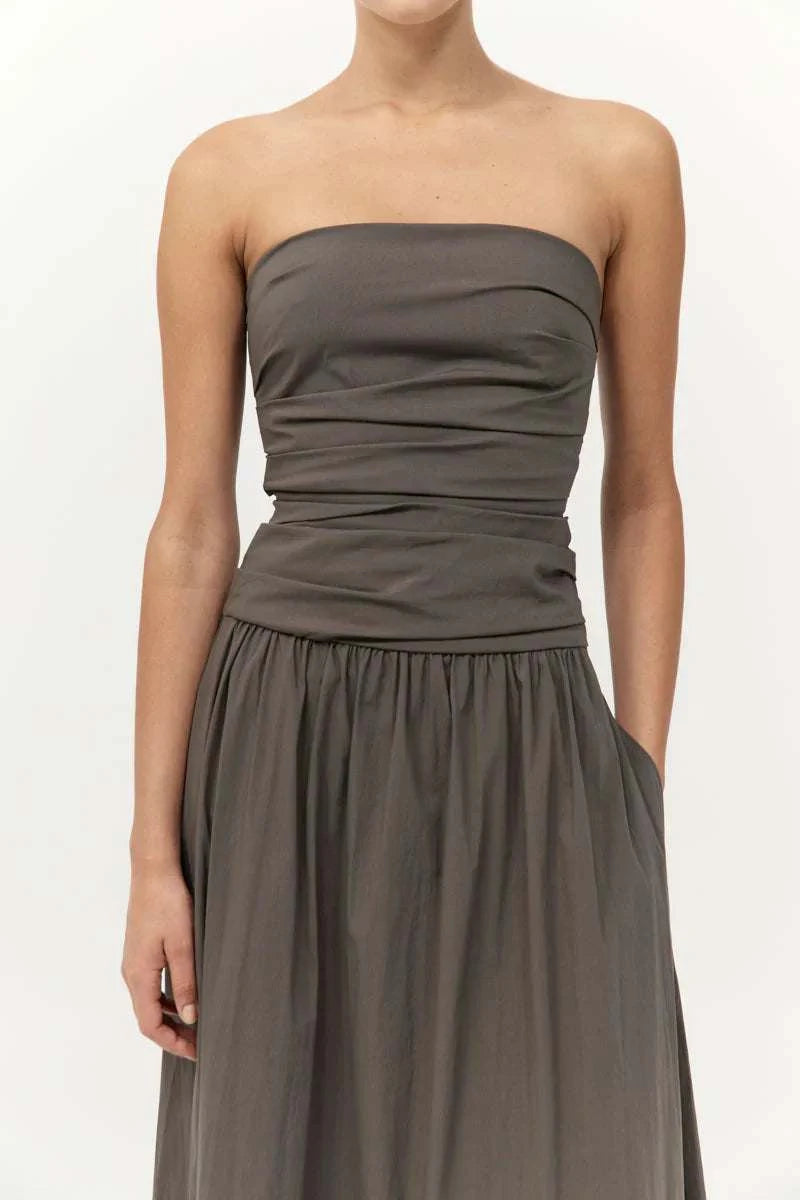 St Agni Gathered Strapless Tie Back Dress Khaki