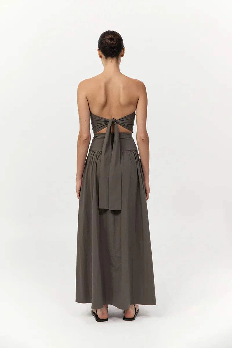 St Agni Gathered Strapless Tie Back Dress Khaki