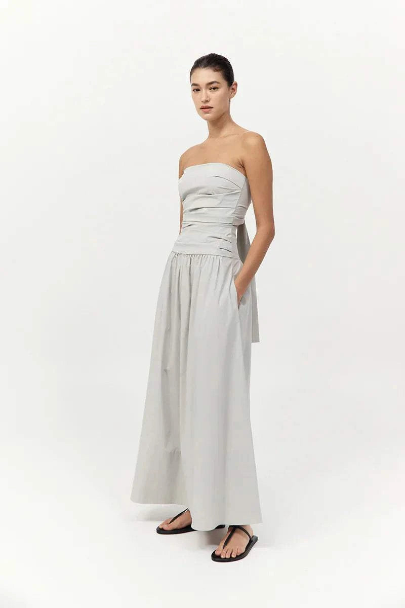 St Agni Gathered Strapless Tie Back Dress Silver