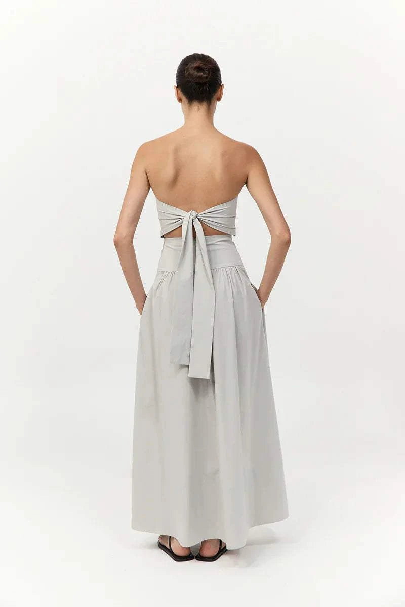 St Agni Gathered Strapless Tie Back Dress Silver