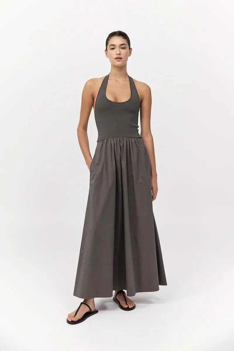 St Agni Halter Gathered Dress Khaki