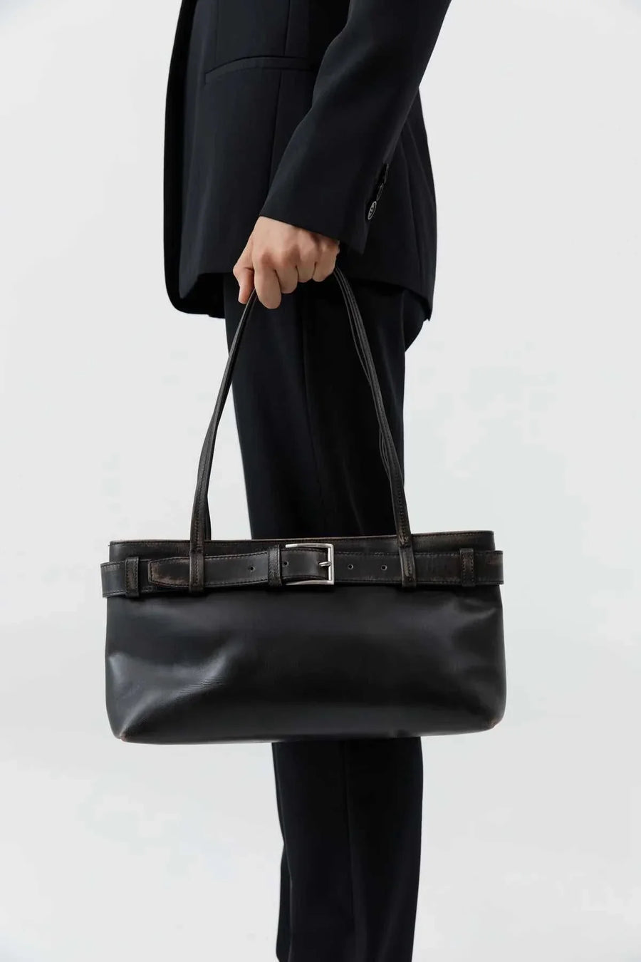 St Agni Brushed Belt Detail Baguette Black