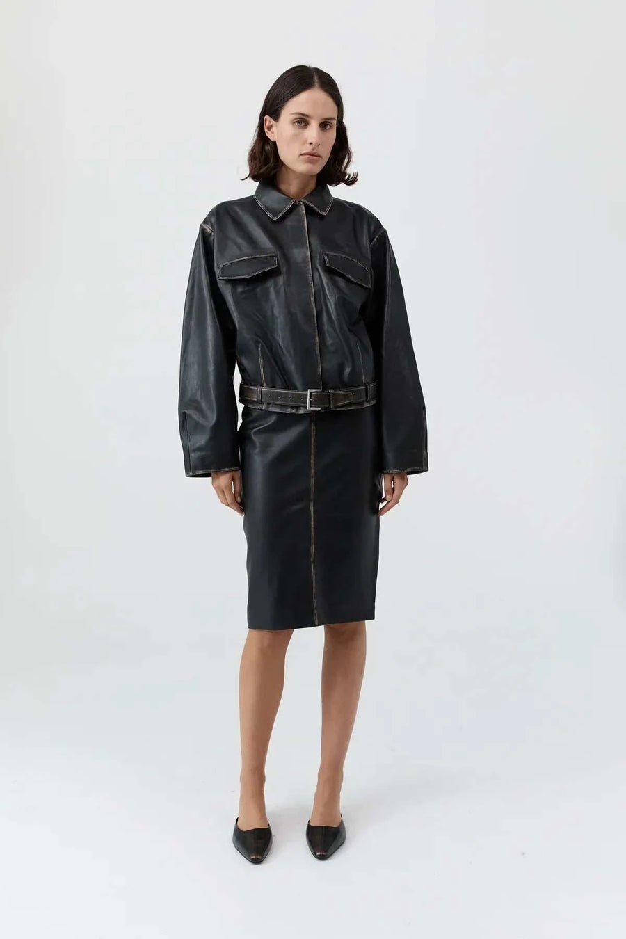 St Agni Brushed Leather Belted Jacket Black