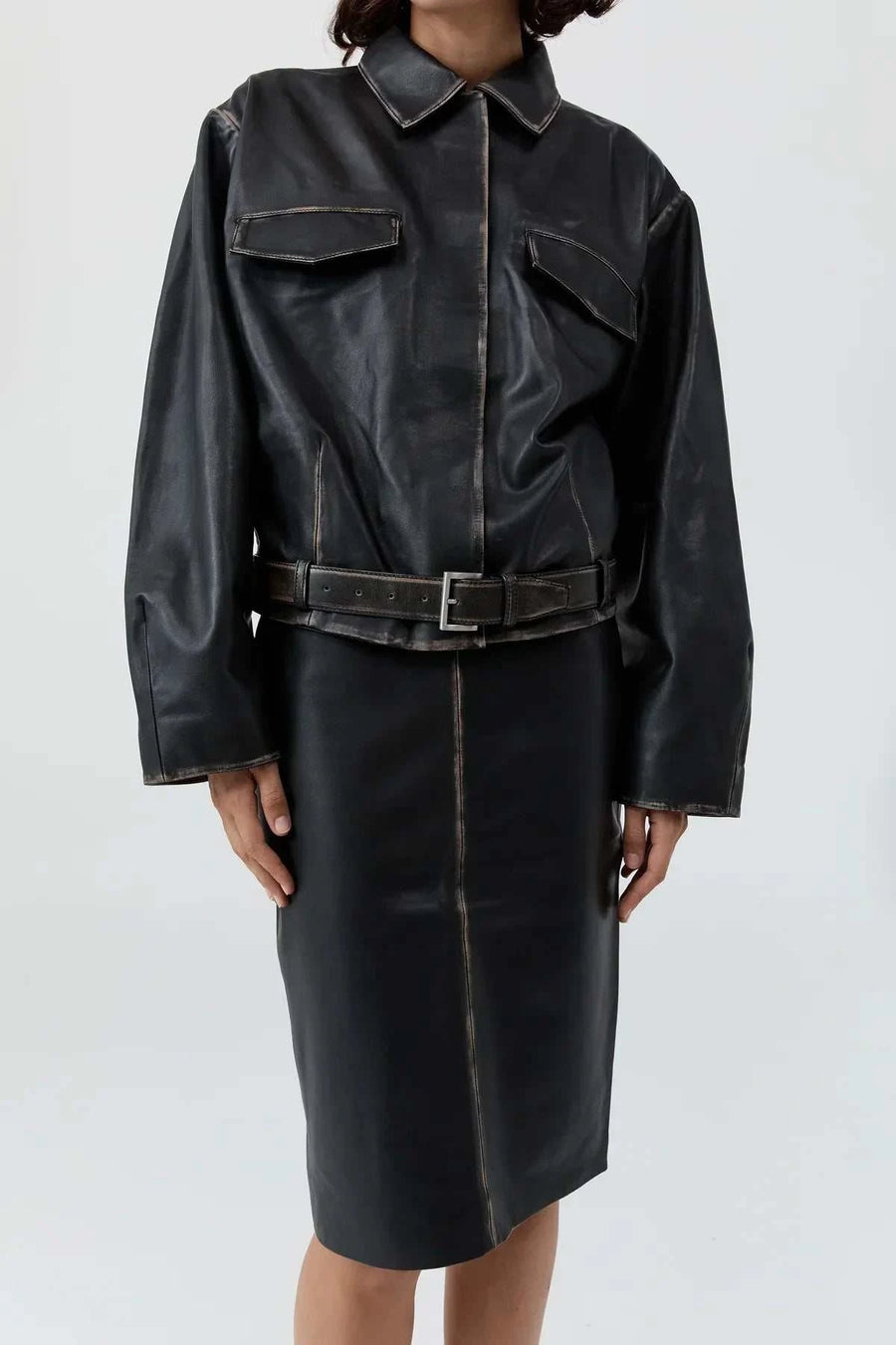 St Agni Brushed Leather Belted Jacket Black