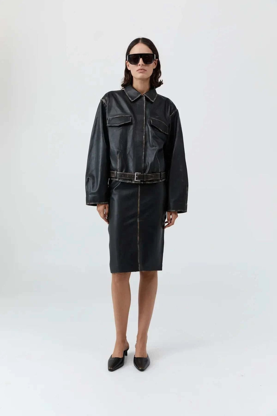 St Agni Brushed Leather Belted Jacket Black