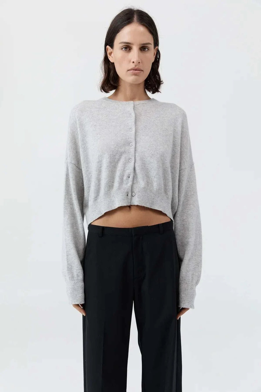 St Agni Cashmere Relaxed Cropped Cardigan Grey Marle