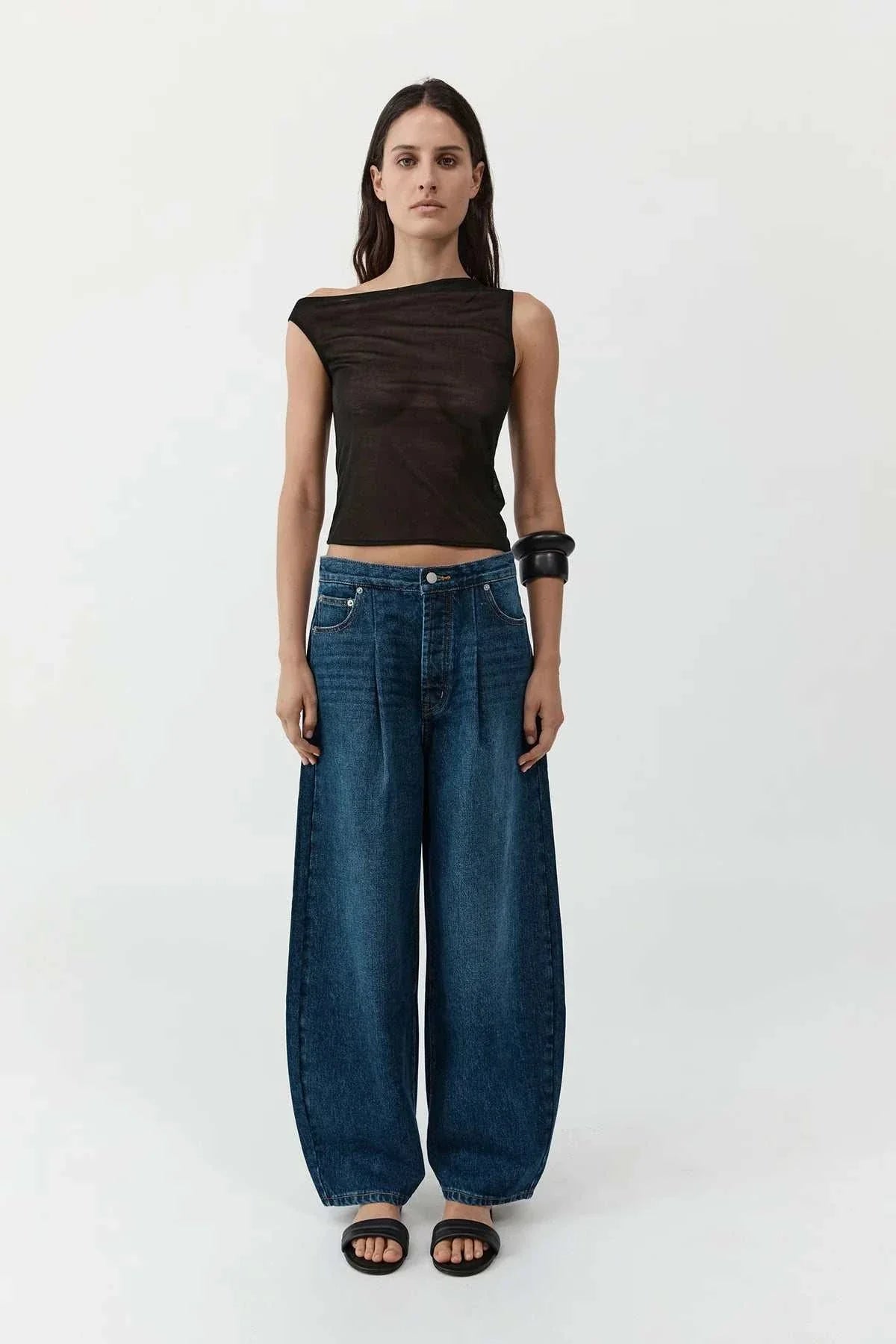 St Agni Mid Rise Pleat Barrel Jeans Dark Indigo