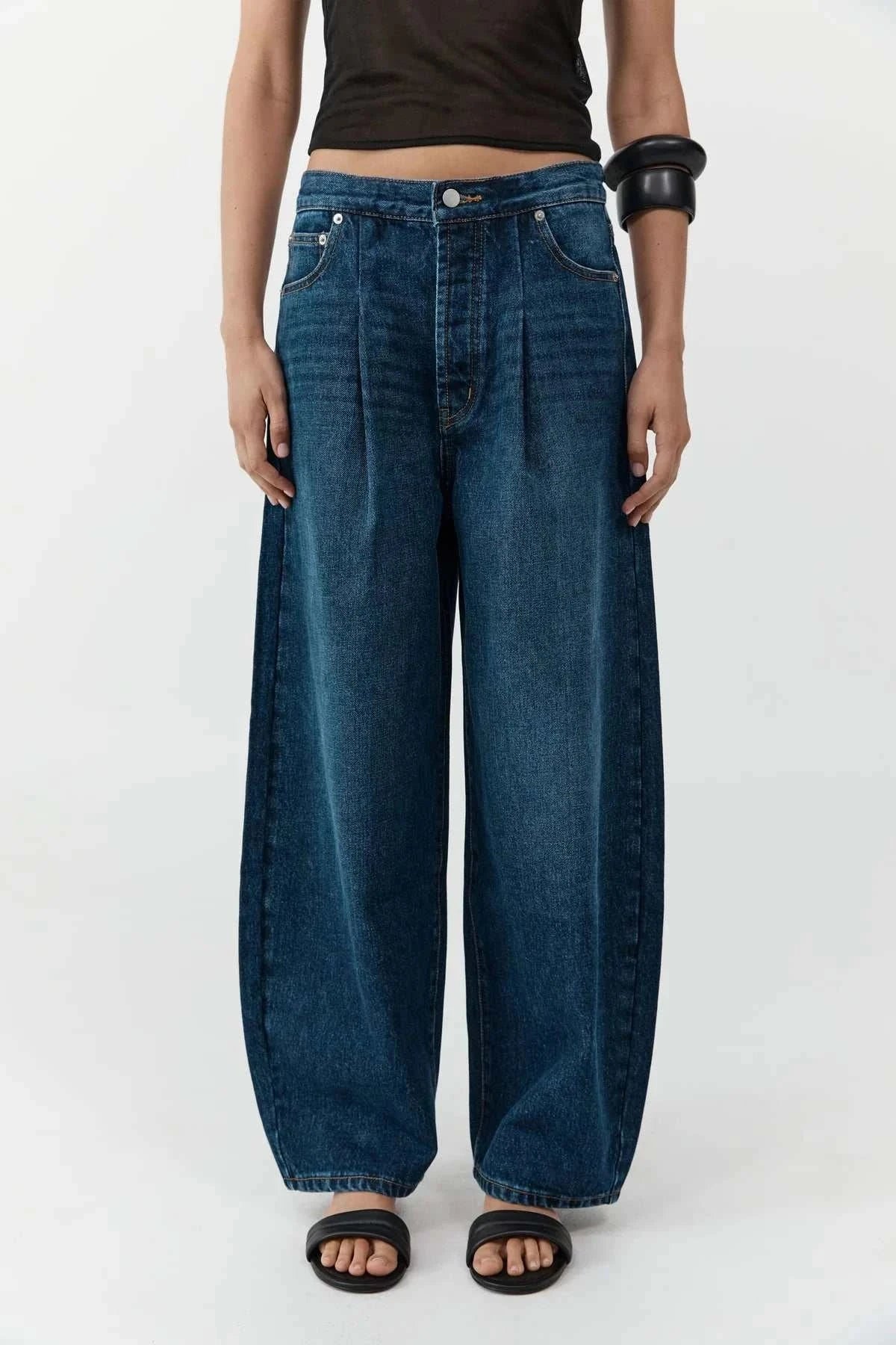 St Agni Mid Rise Pleat Barrel Jeans Dark Indigo