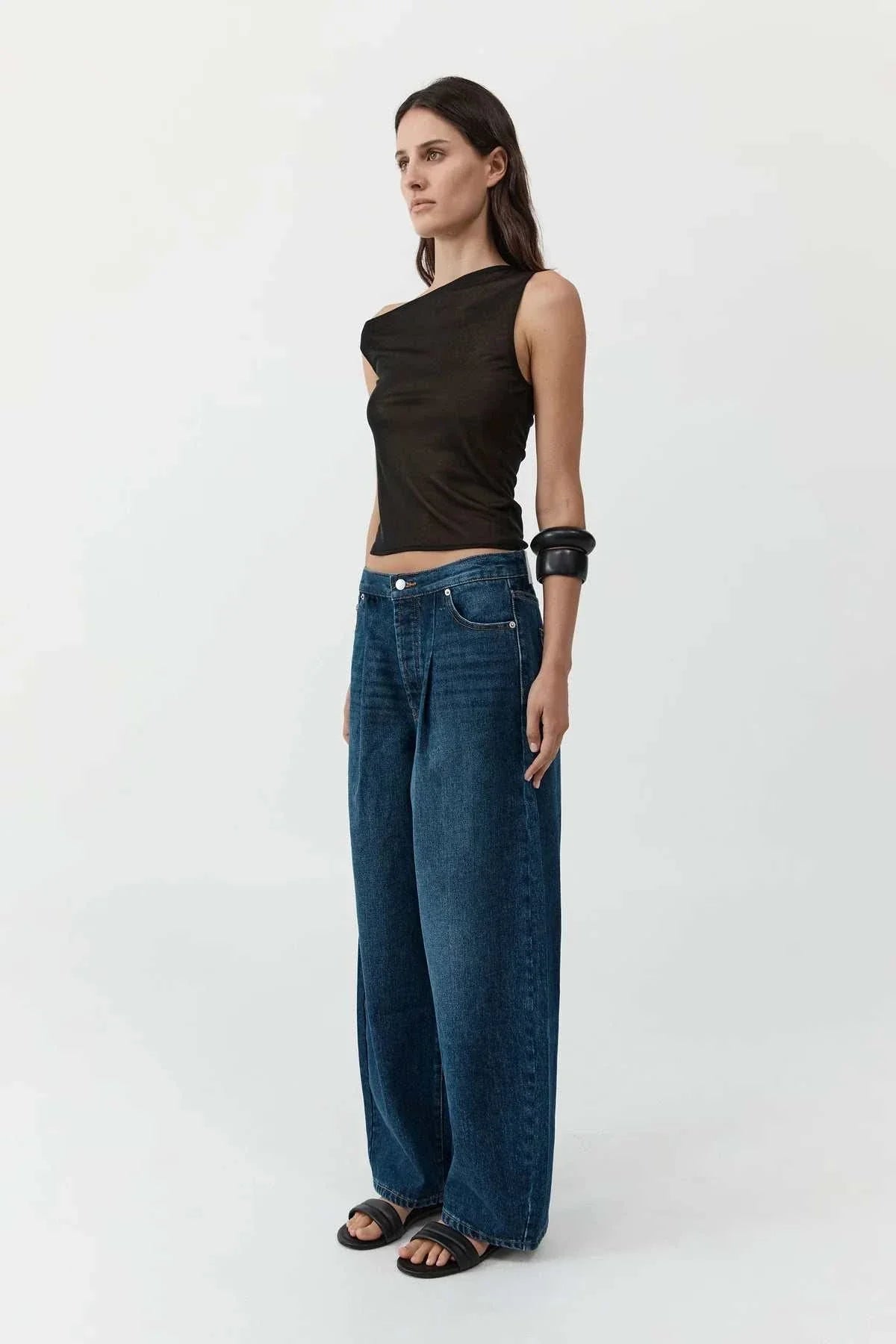 St Agni Mid Rise Pleat Barrel Jeans Dark Indigo