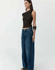 St Agni Mid Rise Pleat Barrel Jeans Dark Indigo