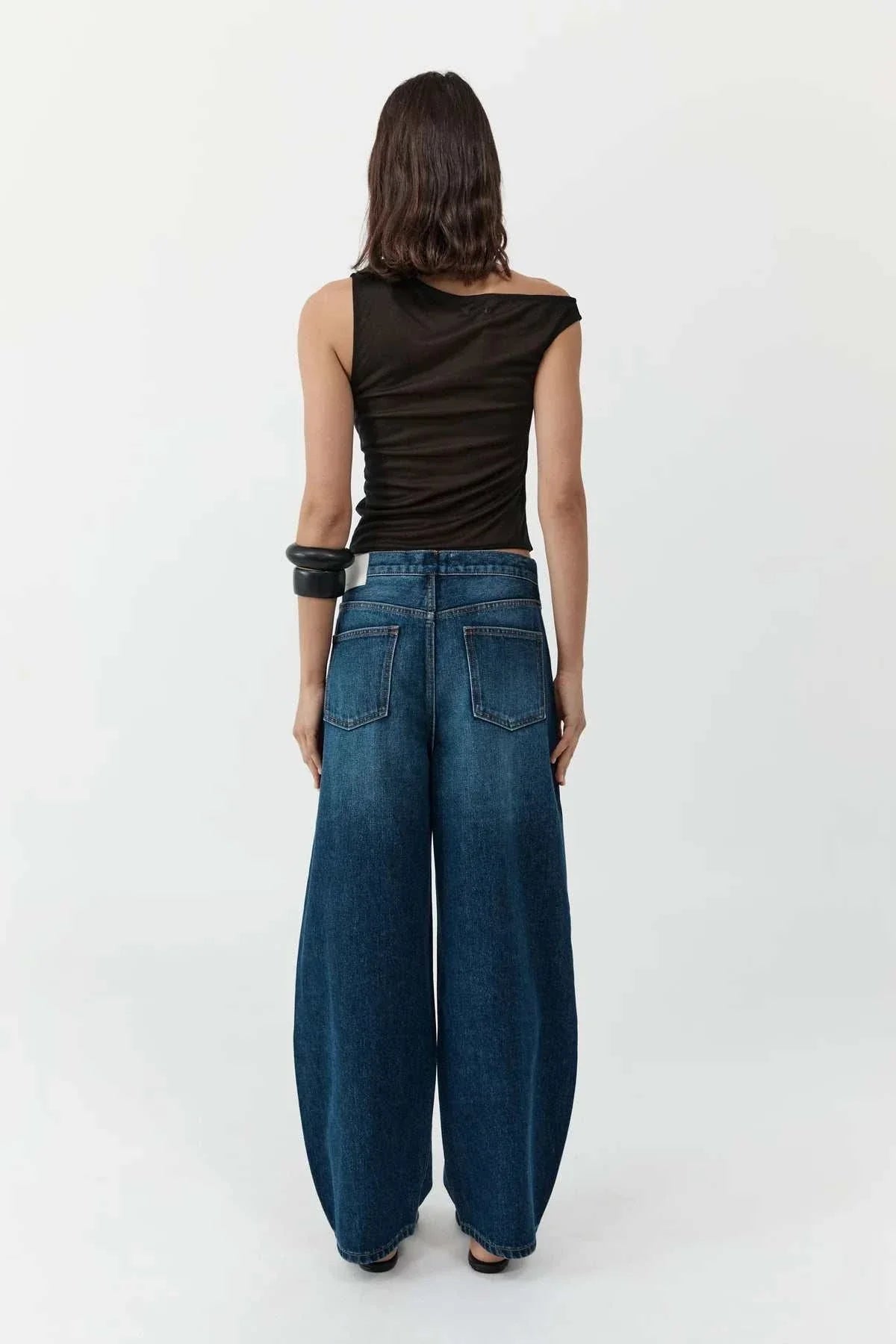 St Agni Mid Rise Pleat Barrel Jeans Dark Indigo