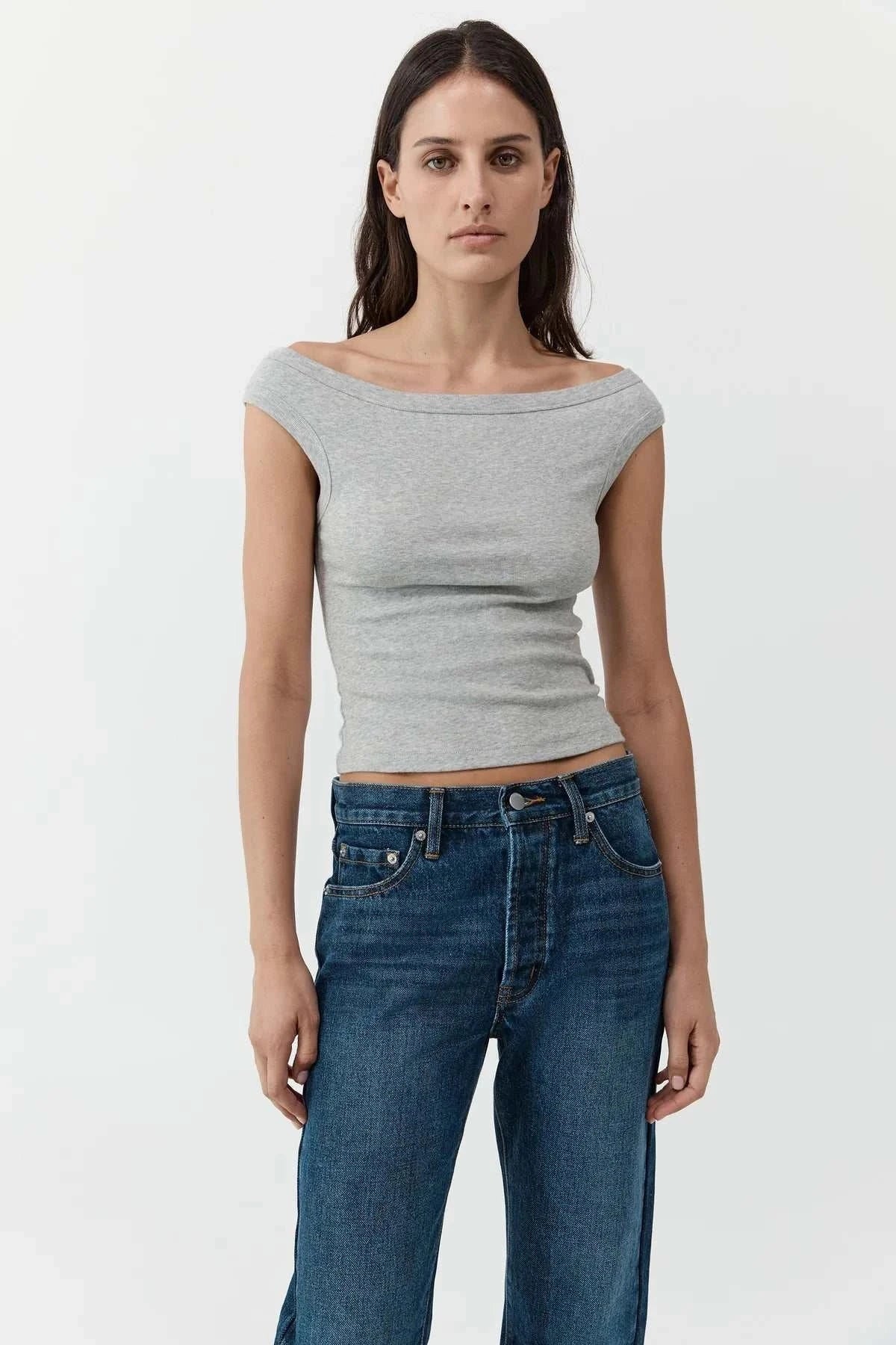 St Agni Organic Cotton Off Shoulder Top Grey Marle