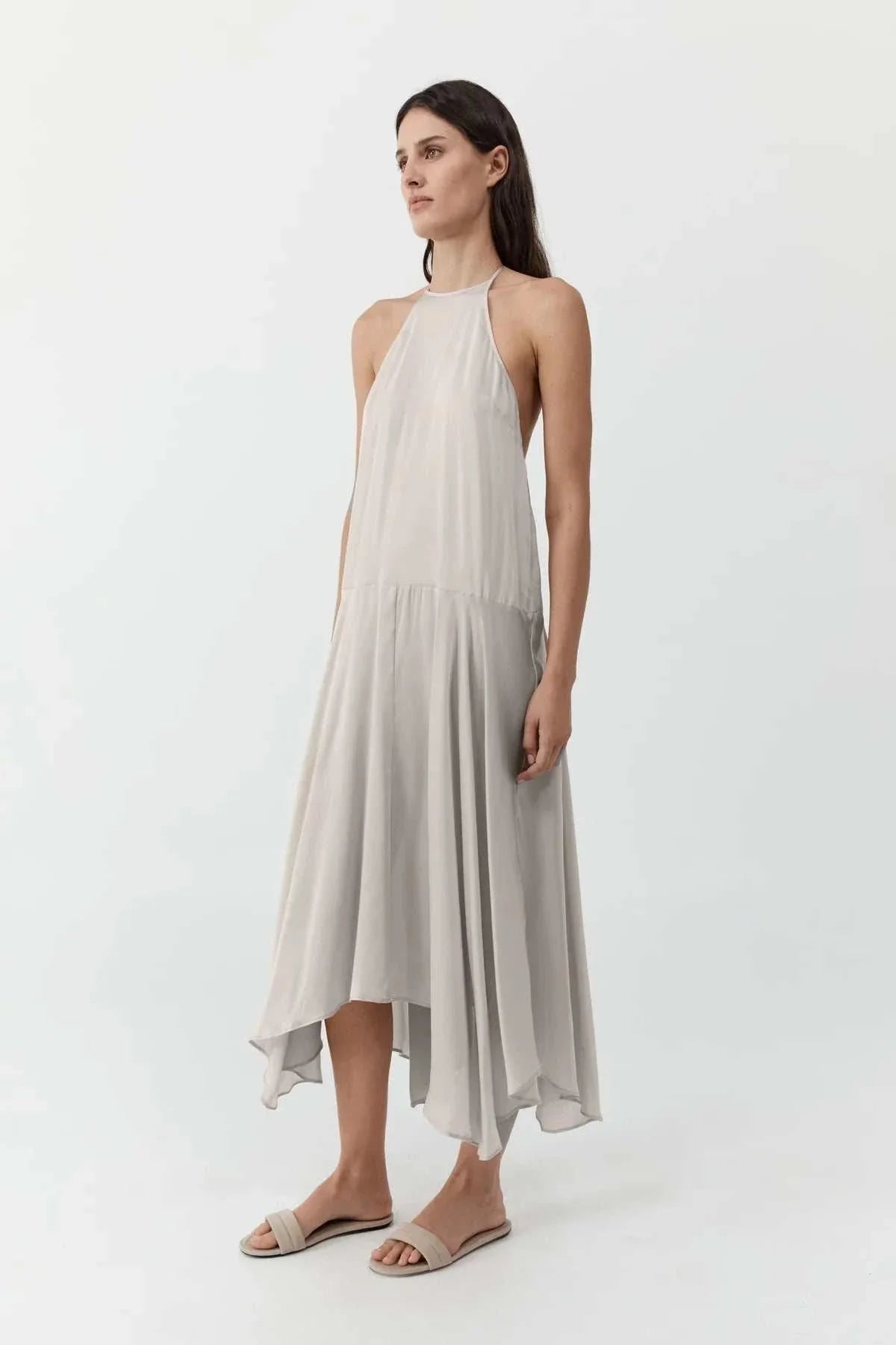 St Agni Silk Handkerchief Halter Dress Stone