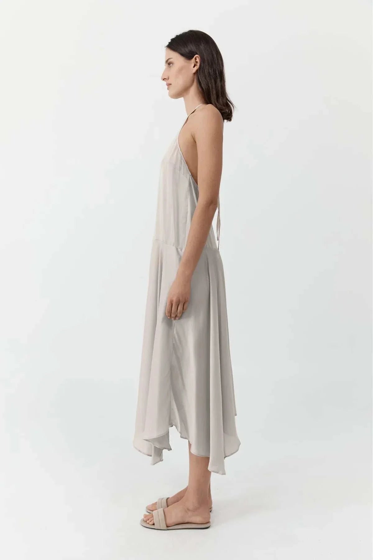 St Agni Silk Handkerchief Halter Dress Stone