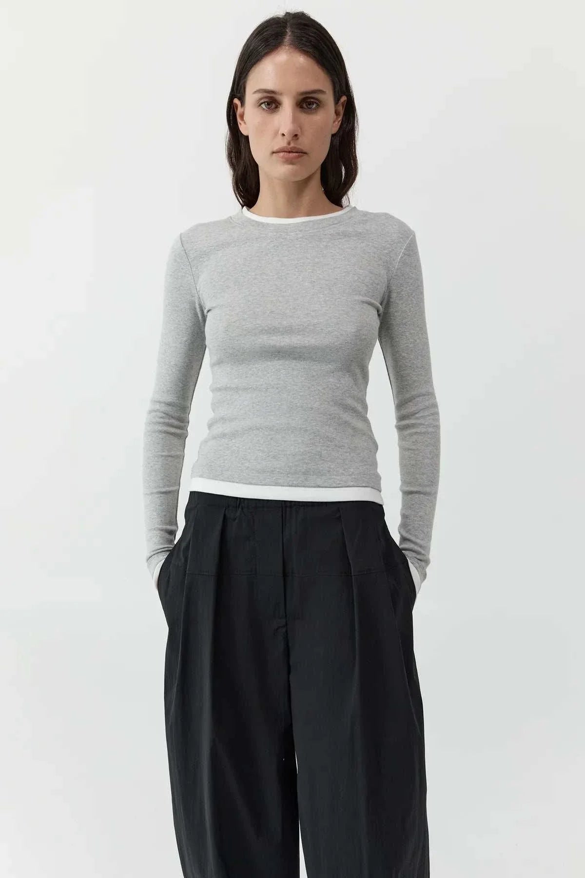 St Agni Organic Cotton Layered Long Sleeve Top Grey Marle