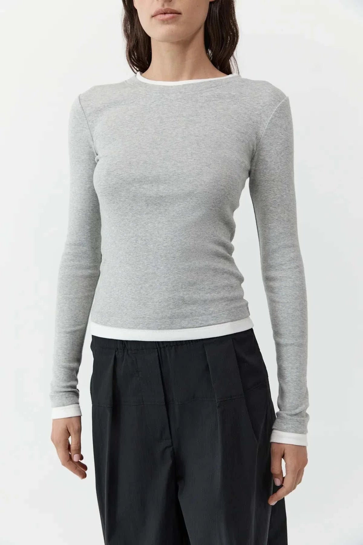 St Agni Organic Cotton Layered Long Sleeve Top Grey Marle