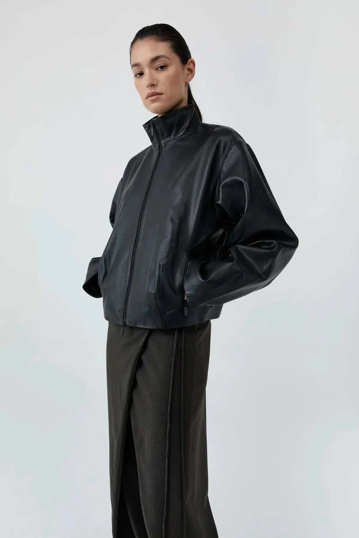 St Agni Cocoon Zip Leather Jacket Black
