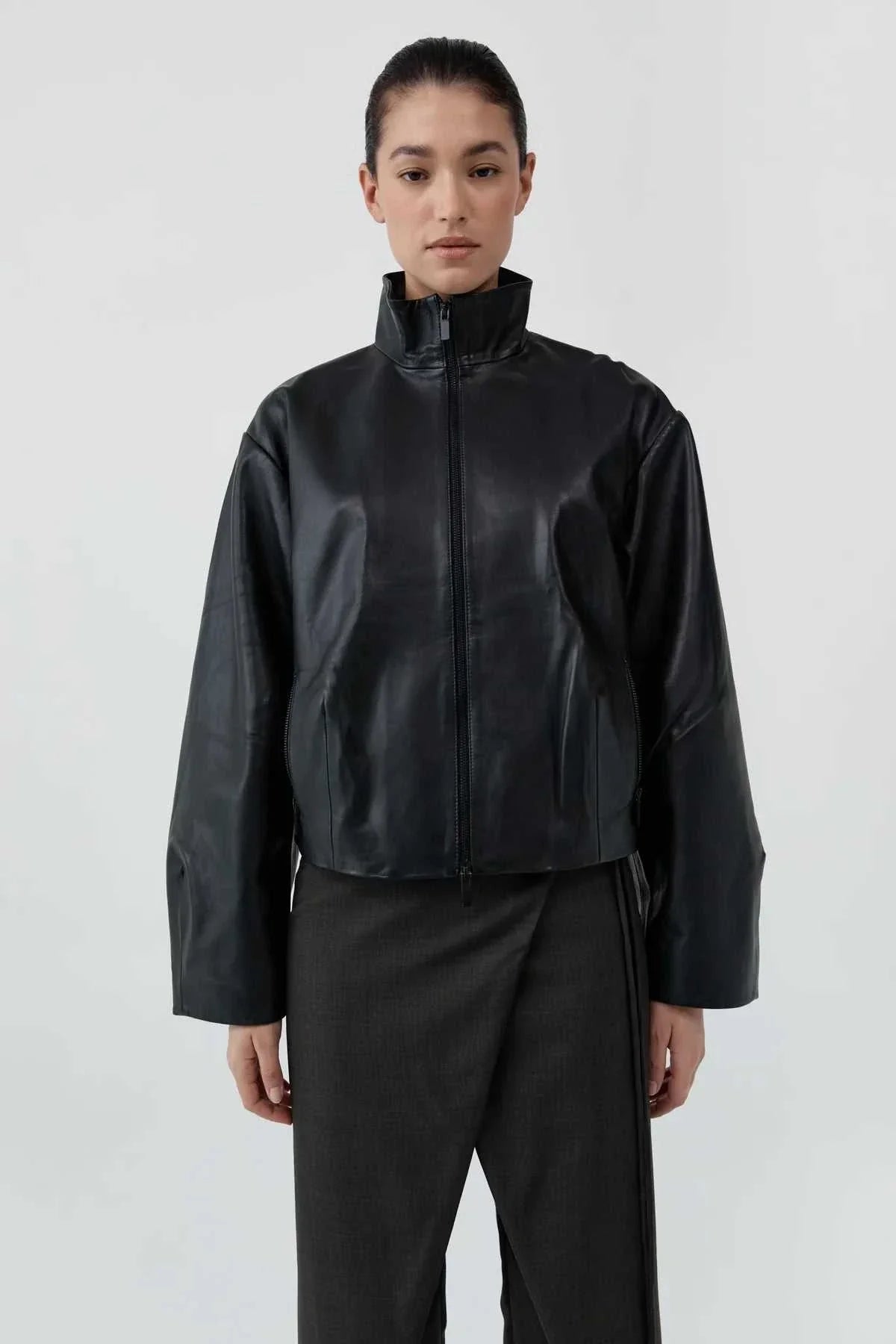 St Agni Cocoon Zip Leather Jacket Black