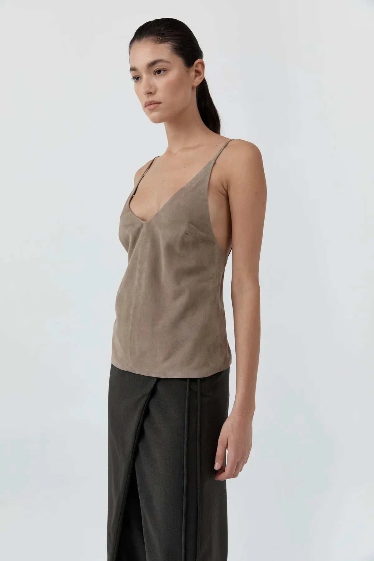 St Agni Suede Low Back Tie Top Earth