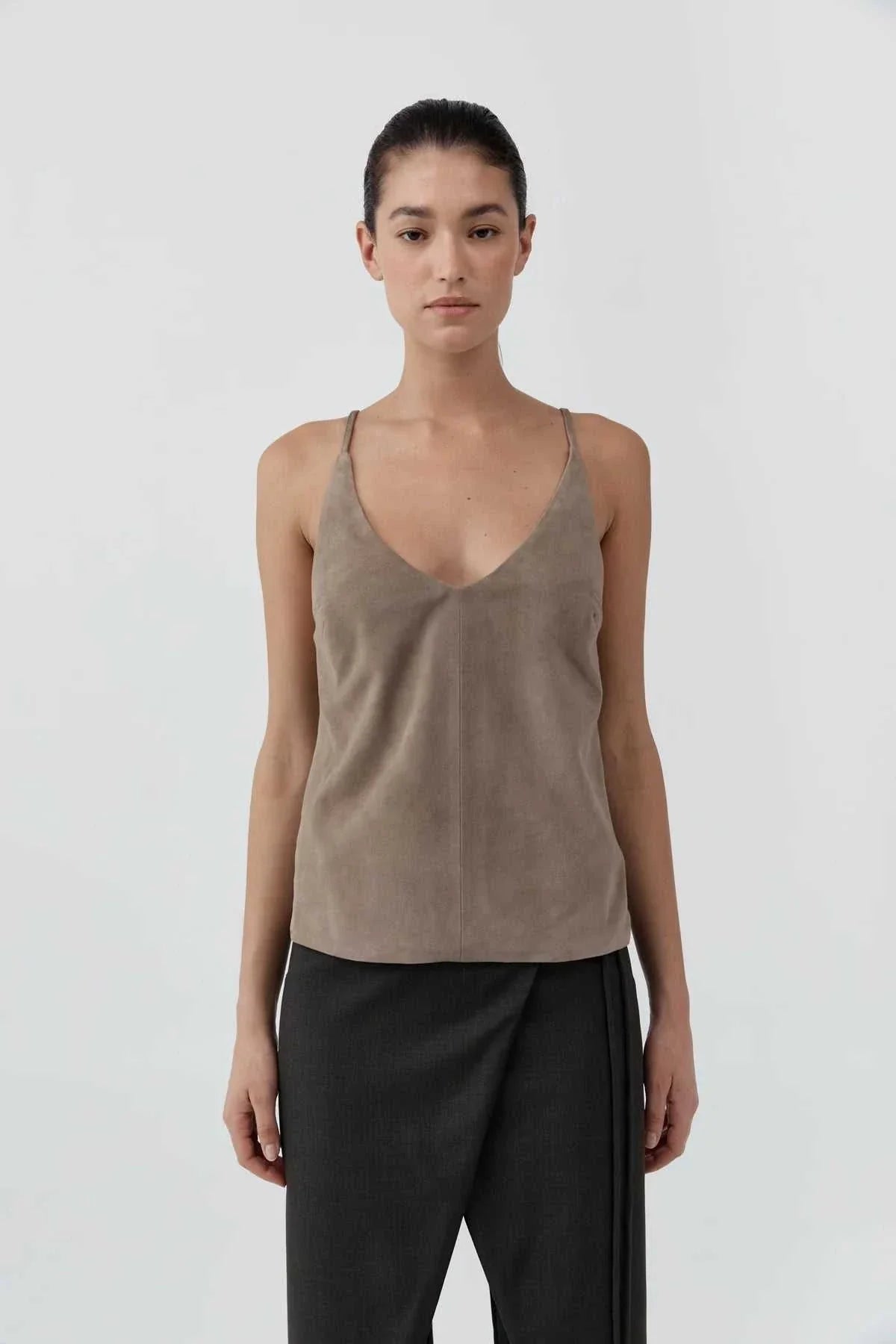 St Agni Suede Low Back Tie Top Earth