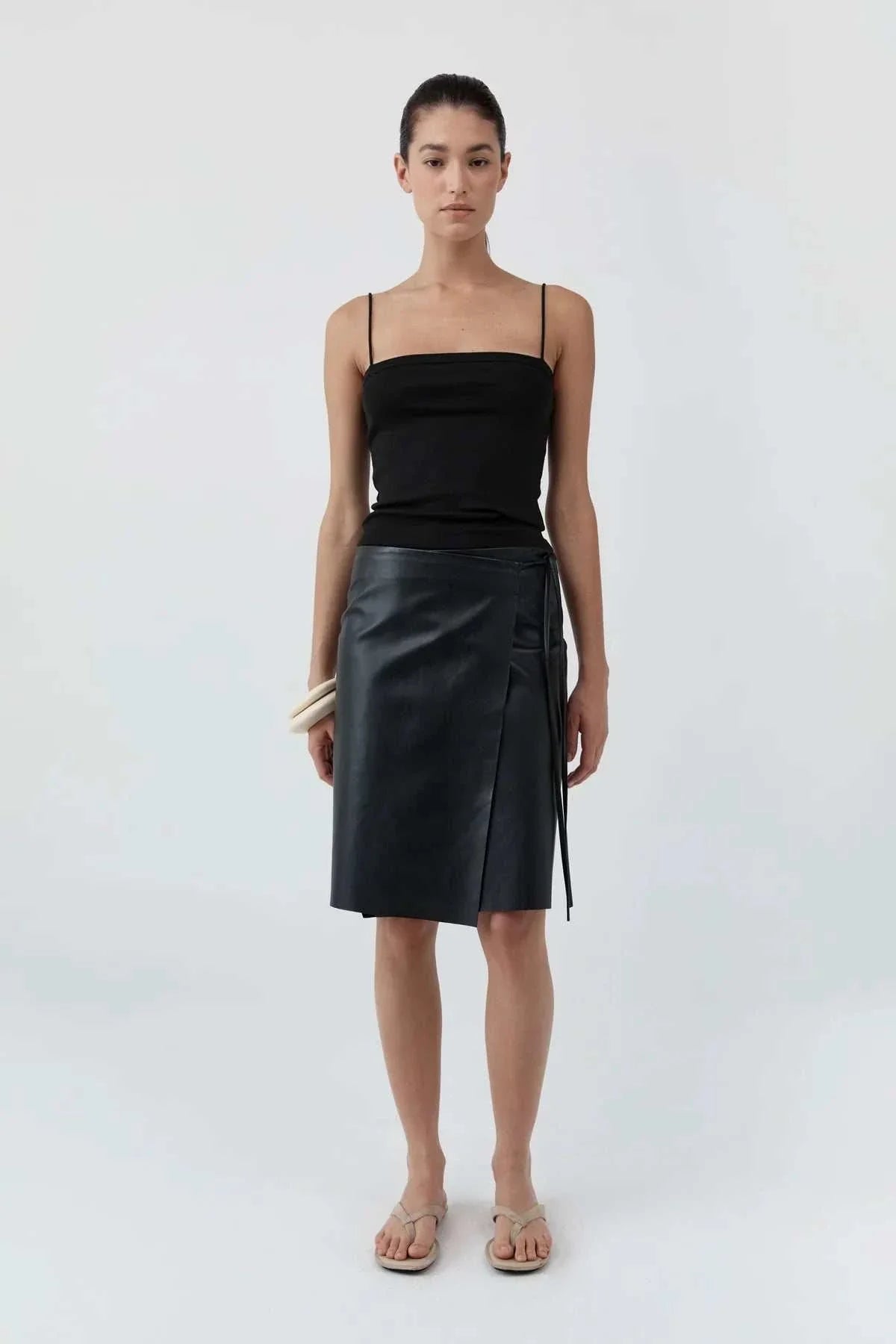 St Agni Leather Everyday Wrap Skirt Black