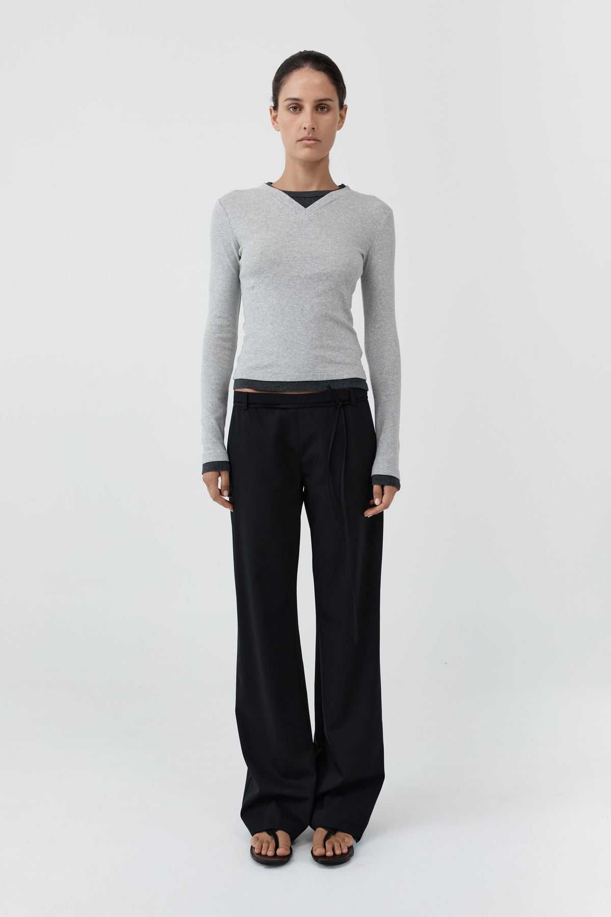 St Agni Organic Cotton V Neck Long Sleeve Top Grey Marle