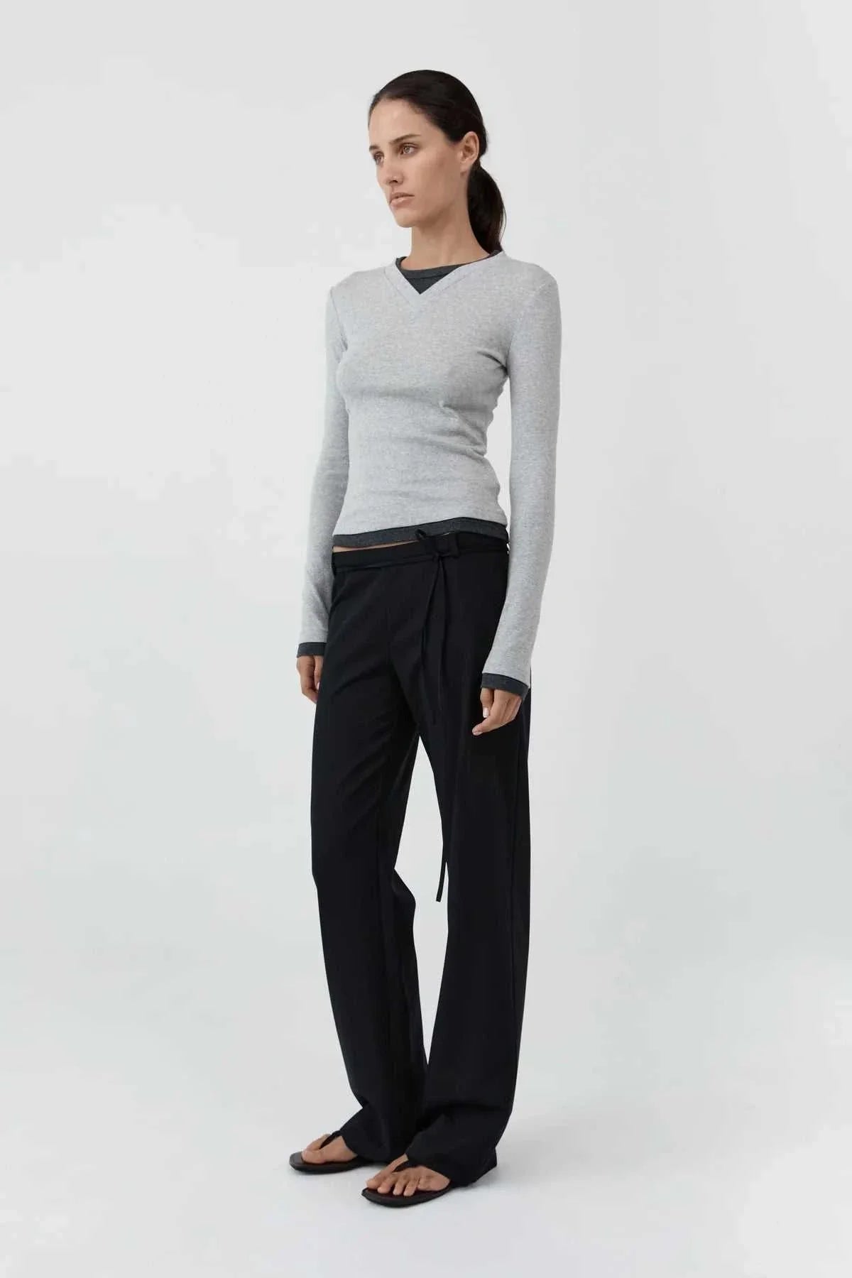St Agni Organic Cotton V Neck Long Sleeve Top Grey Marle