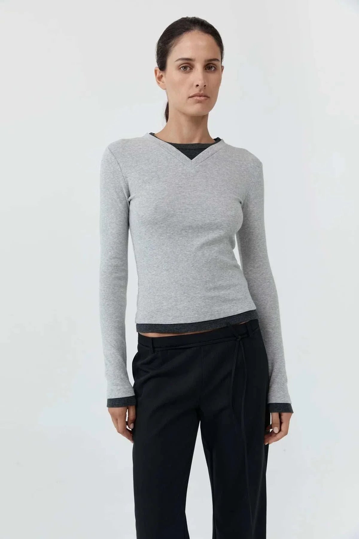 St Agni Organic Cotton V Neck Long Sleeve Top Grey Marle