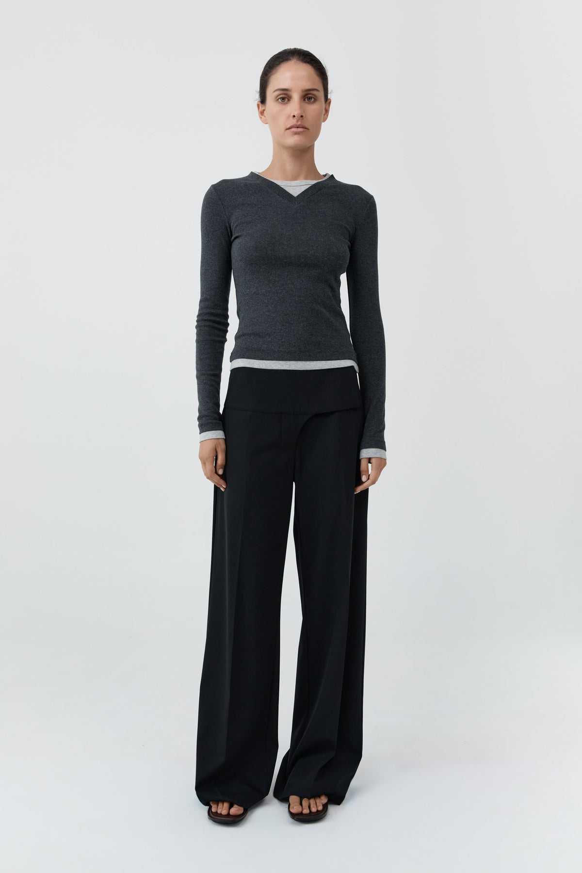 St Agni Organic Cotton V Neck Long Sleeve Top Charcoal Melange