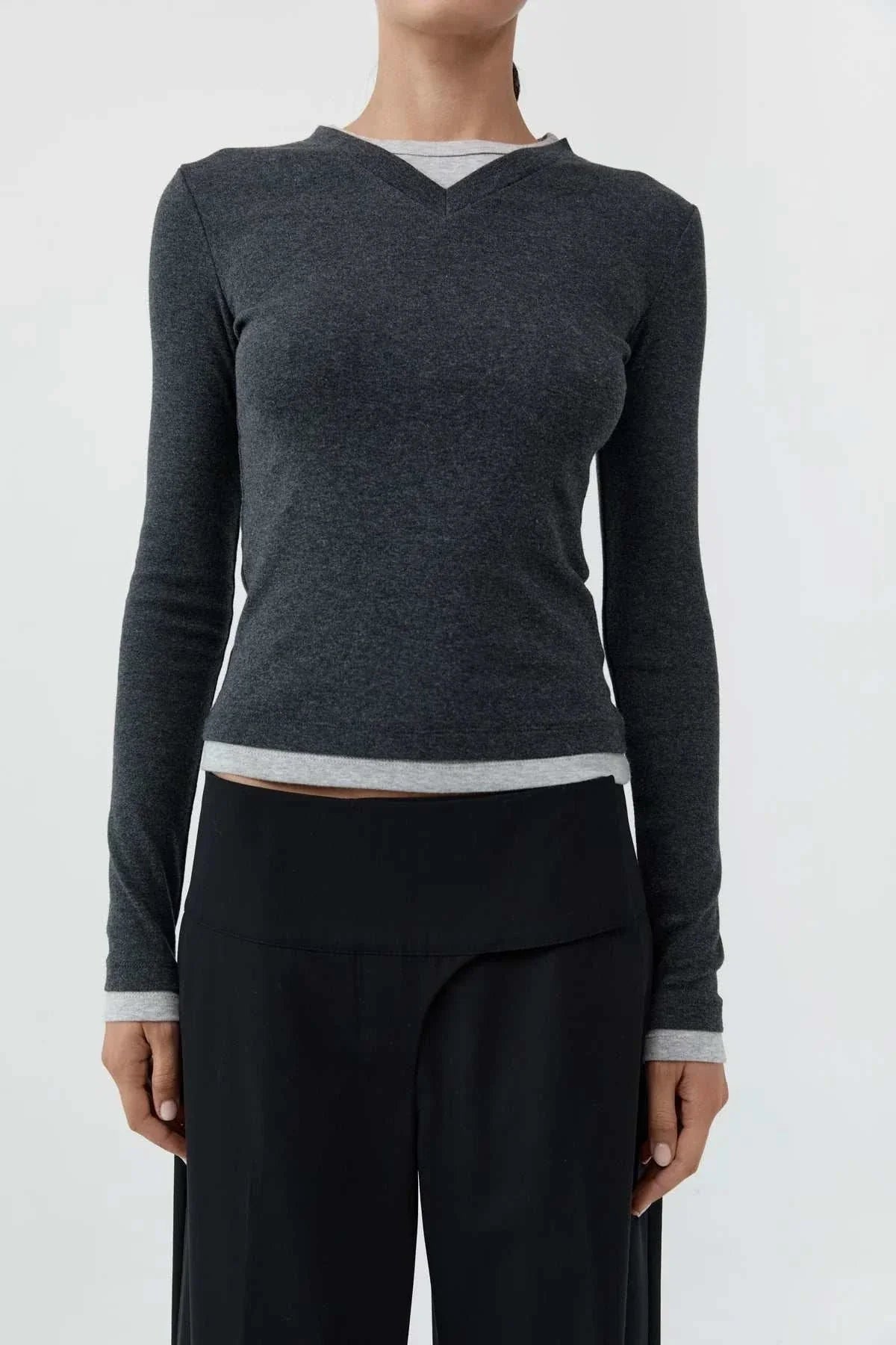 St Agni Organic Cotton V Neck Long Sleeve Top Charcoal Melange