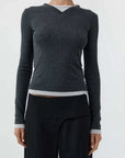 St Agni Organic Cotton V Neck Long Sleeve Top Charcoal Melange