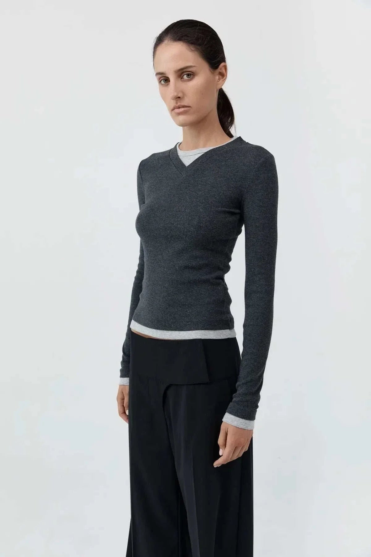 St Agni Organic Cotton V Neck Long Sleeve Top Charcoal Melange