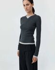St Agni Organic Cotton V Neck Long Sleeve Top Charcoal Melange