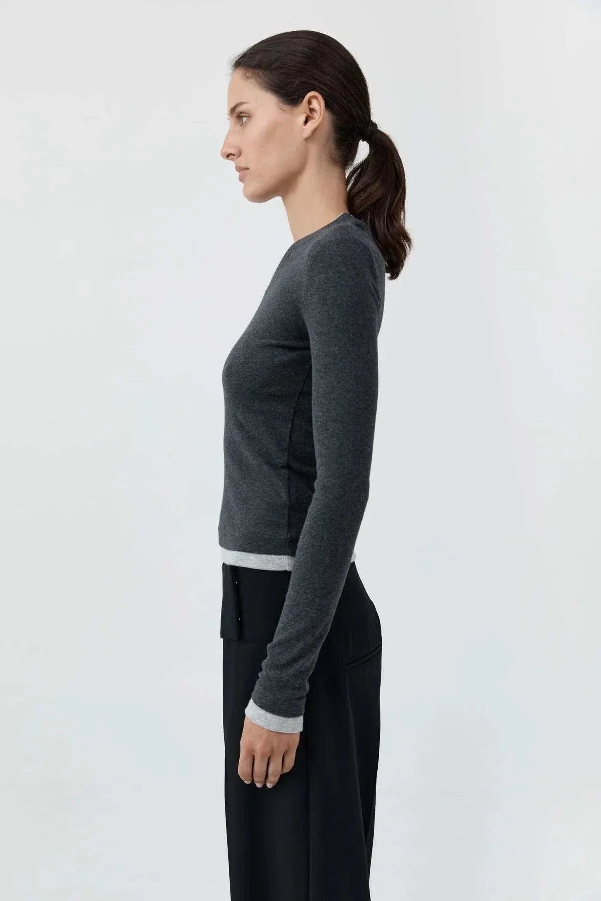 St Agni Organic Cotton V Neck Long Sleeve Top Charcoal Melange
