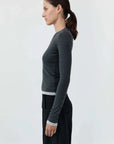 St Agni Organic Cotton V Neck Long Sleeve Top Charcoal Melange