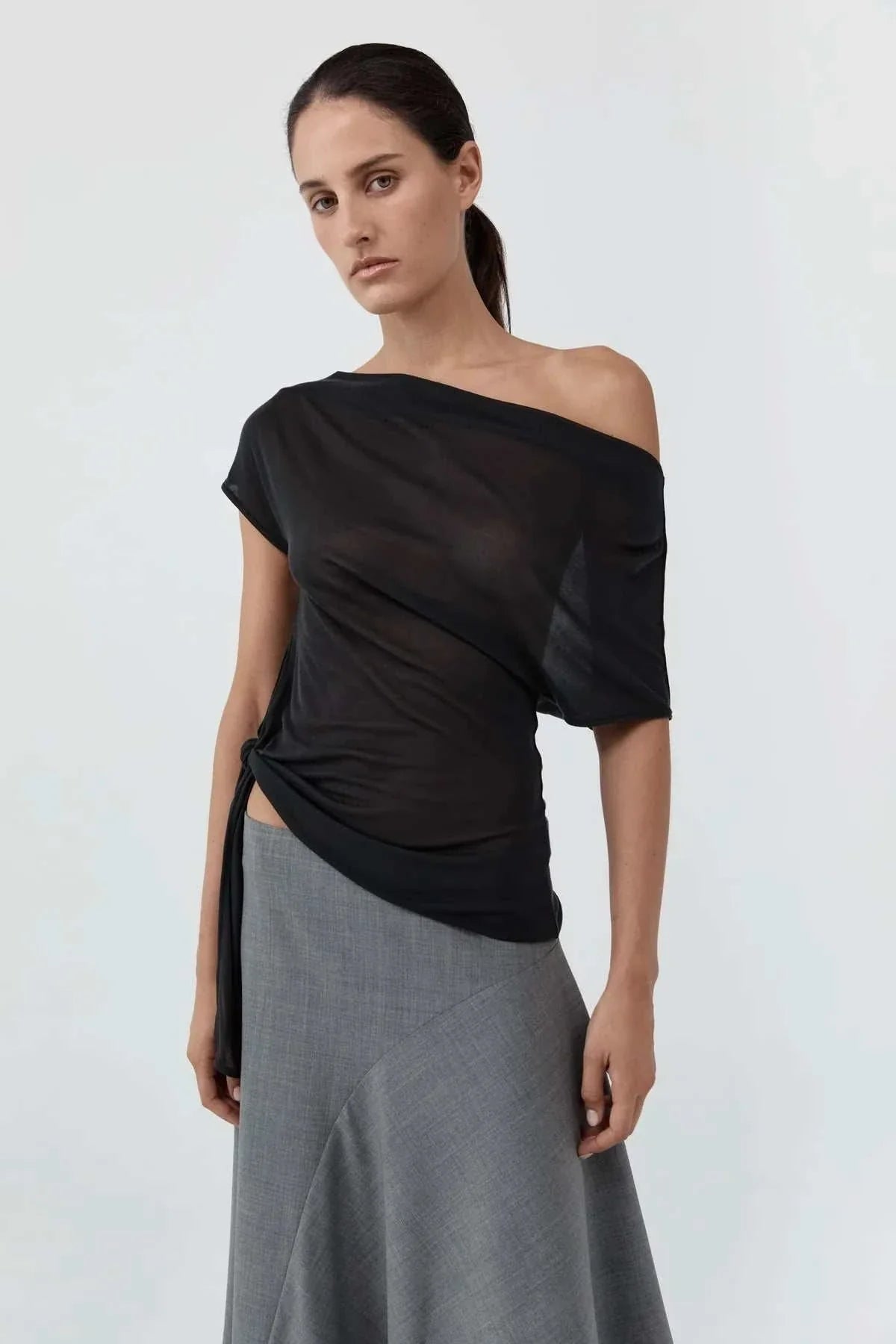 St Agni Fine Jersey Off Shoulder Top Charcoal