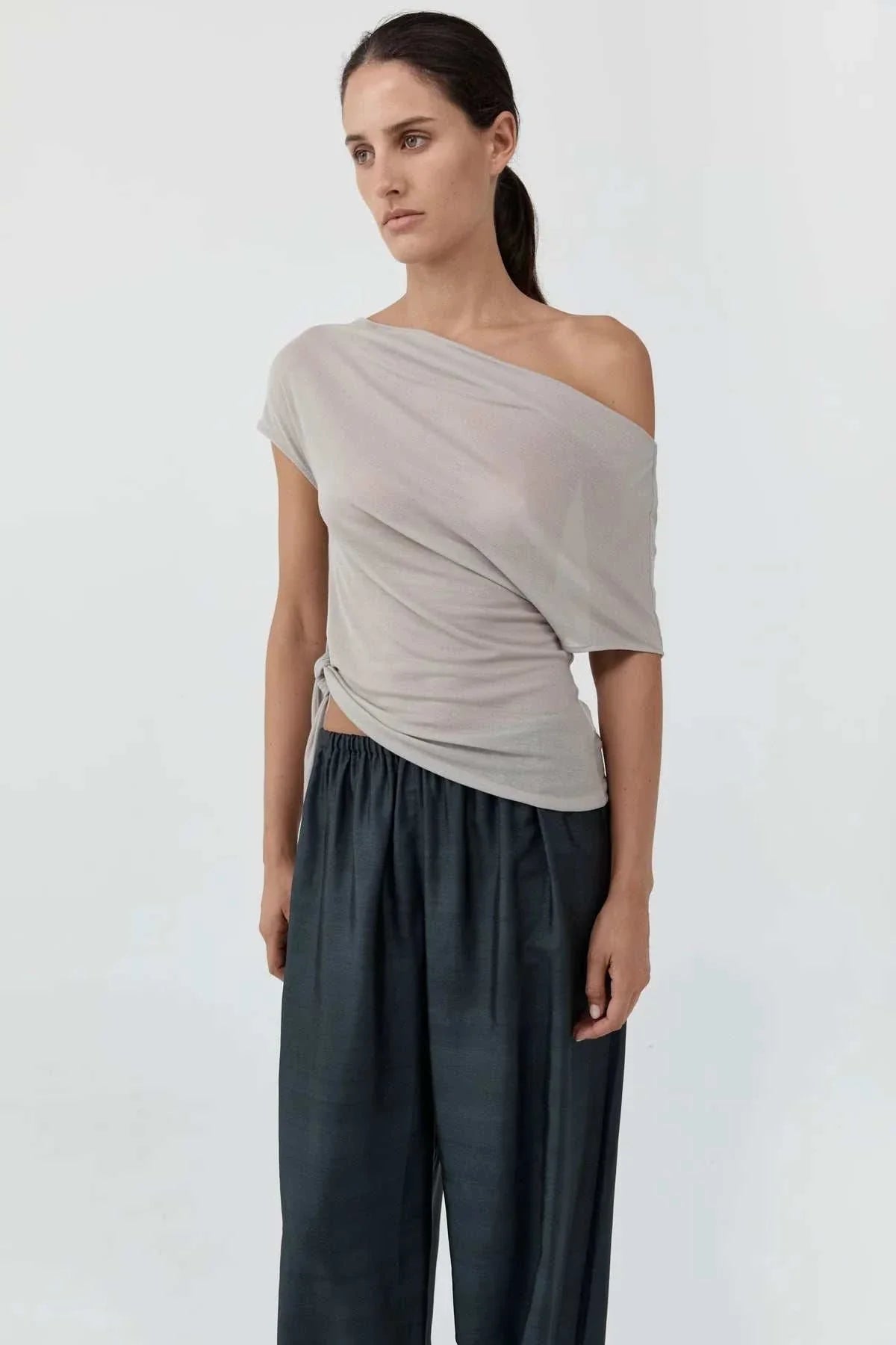 St Agni Fine Jersey Off Shoulder Top Soft Ash