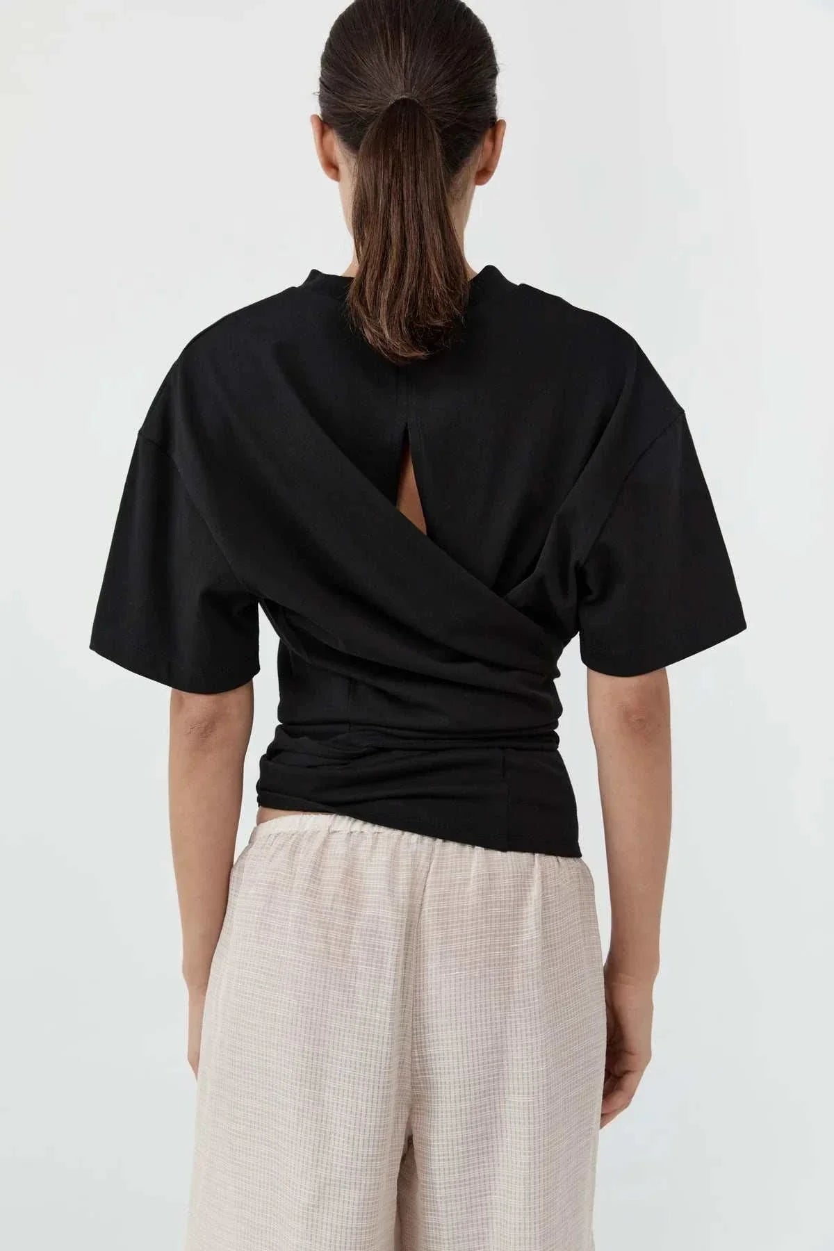 St Agni Cotton Jersey Split Back Tee Black