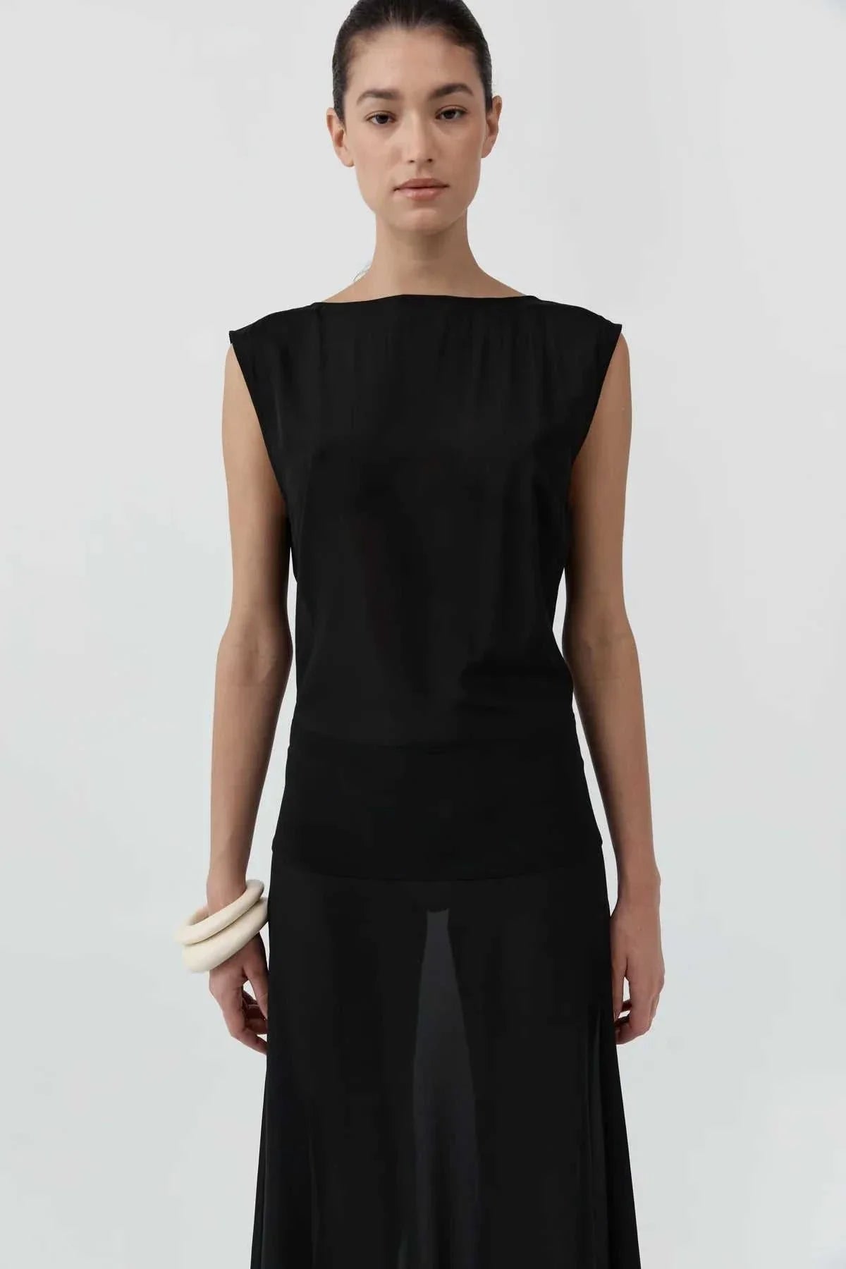 St Agni Stretch Silk Bateau Dress Black