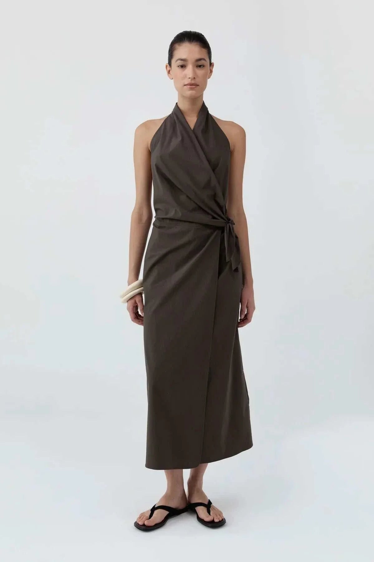 St Agni Halter Wrap Backless Dress Wood