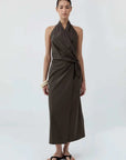 St Agni Halter Wrap Backless Dress Wood