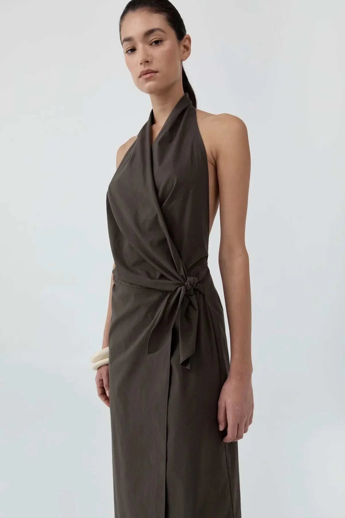 St Agni Halter Wrap Backless Dress Wood