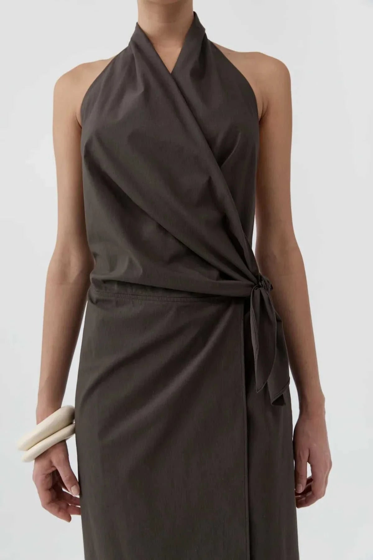 St Agni Halter Wrap Backless Dress Wood