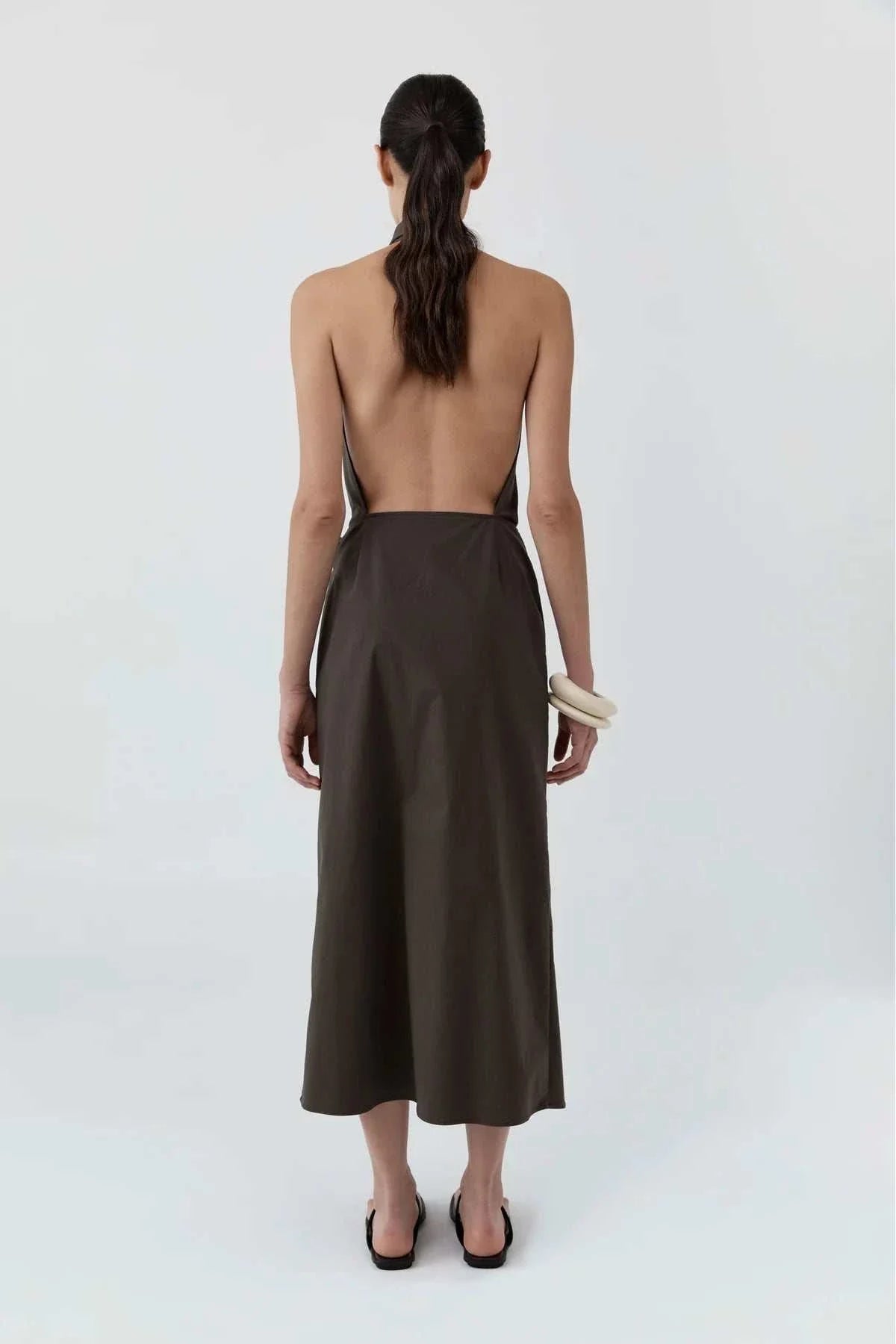 St Agni Halter Wrap Backless Dress Wood
